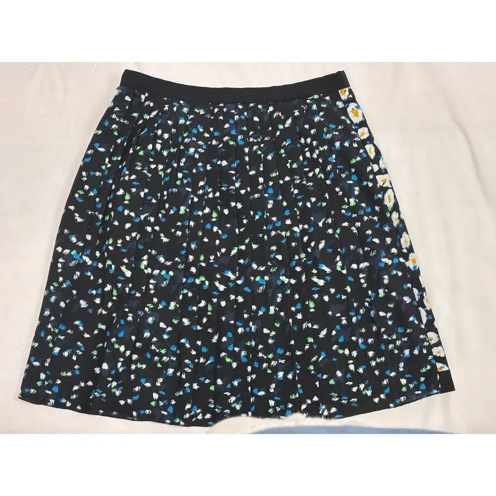 J.Crew Faux Wrap Pleated A-Line Skirt Black Blue White Graphic Mixed Print Sz 0